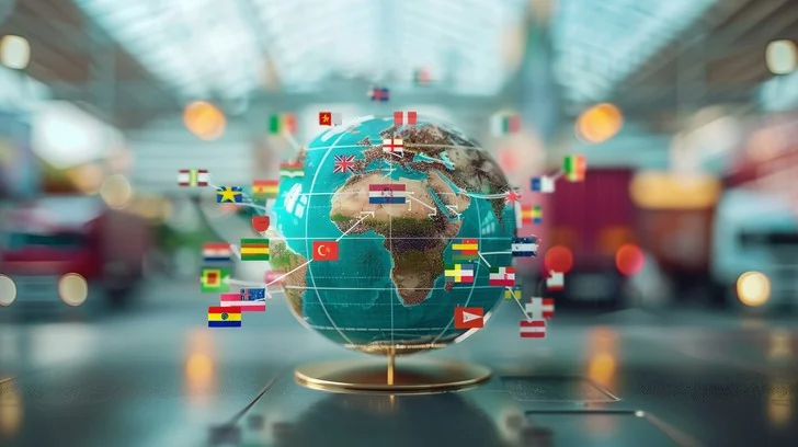 Global real estate relocation network — globe with international flags